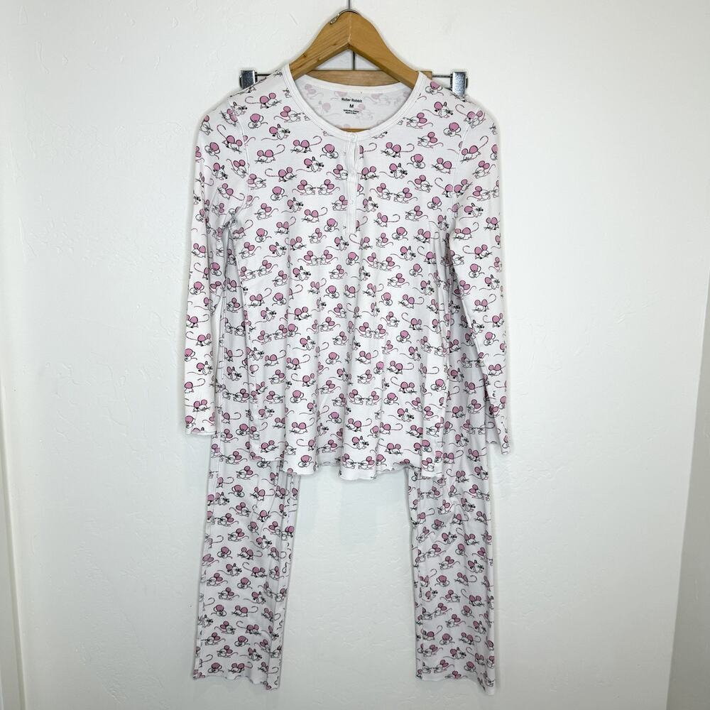 Roller Rabbit Gym Rats Pajama Set Womens Medium Pink White Print Pima